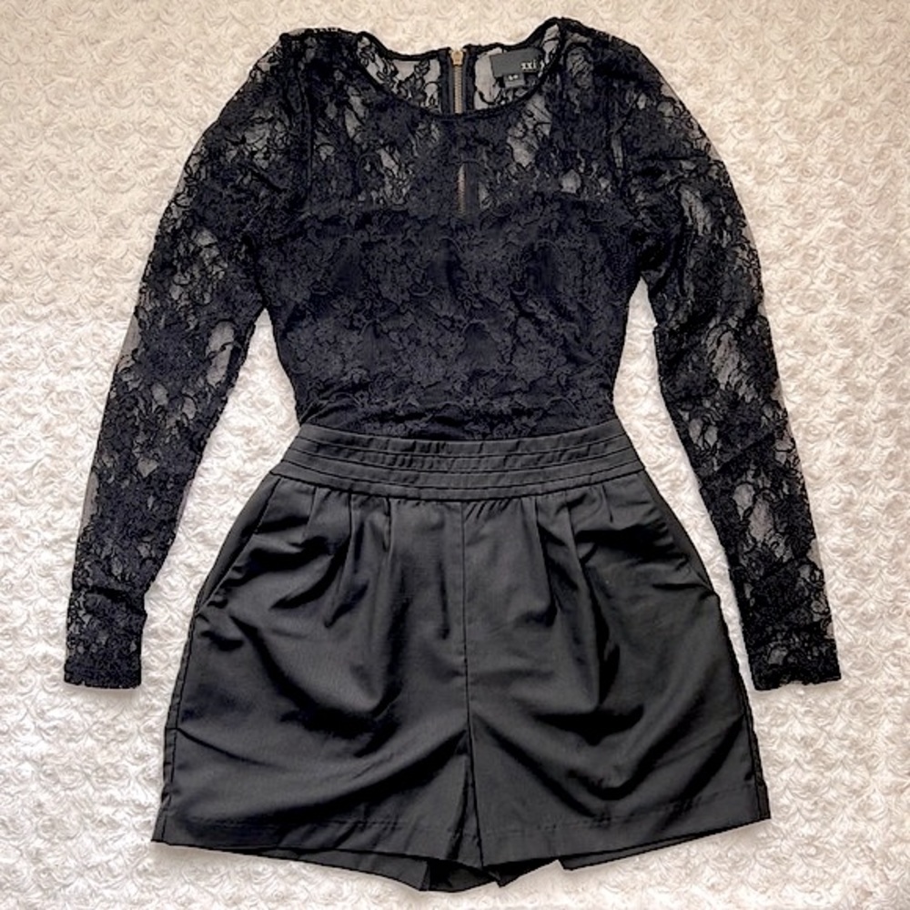 Forever 21 Black Romper Lace Long Sleeve Tie Waist